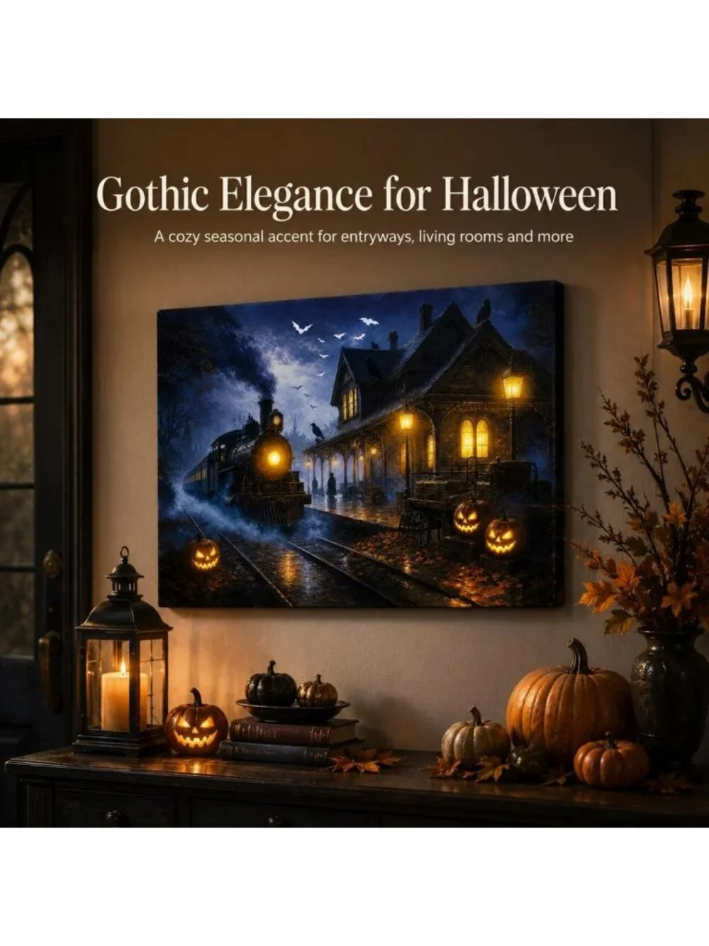 Haunted Train Station LED Canvas Wall Art - Spooky Halloween Decor, 24x18 in